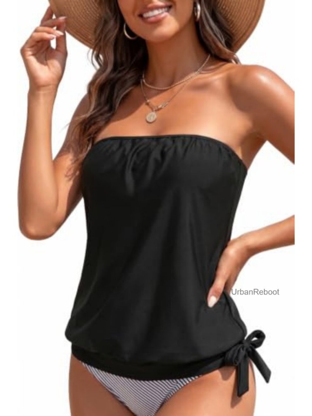 Strapless Tankini Swim Top Removable Straps Bandeau Blouson